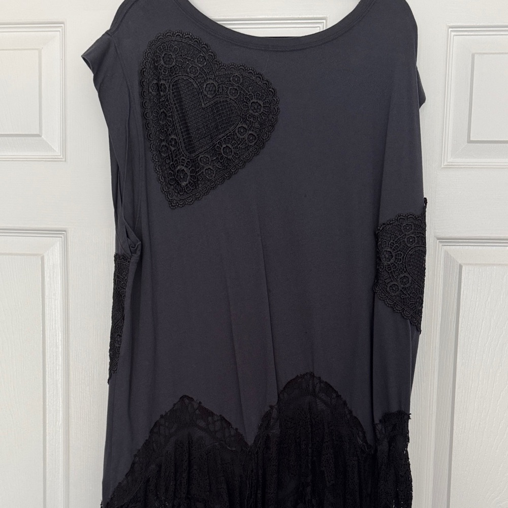 Free People Black Lace Heart Short Sleeve Tee